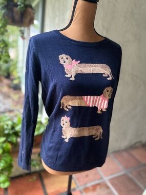 Talbots Navy Blue Pullover Sweater Dachshund Weiner Dog MP